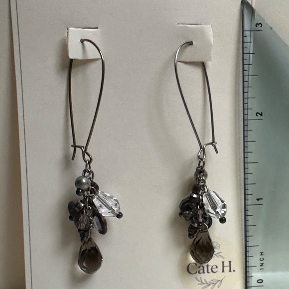 Smoky Crystal Drop Earrings – Long Wire Hooks, Vintage-Inspired Cluster - Picture 2 of 2